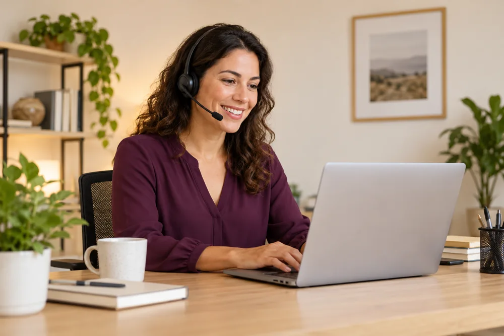 Illustrative call-support representative wearing a headset