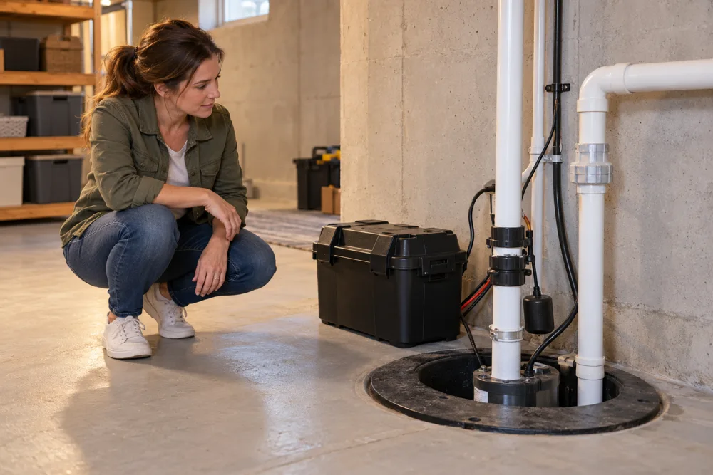 Illustrative service professional beside a battery backup sump pump system