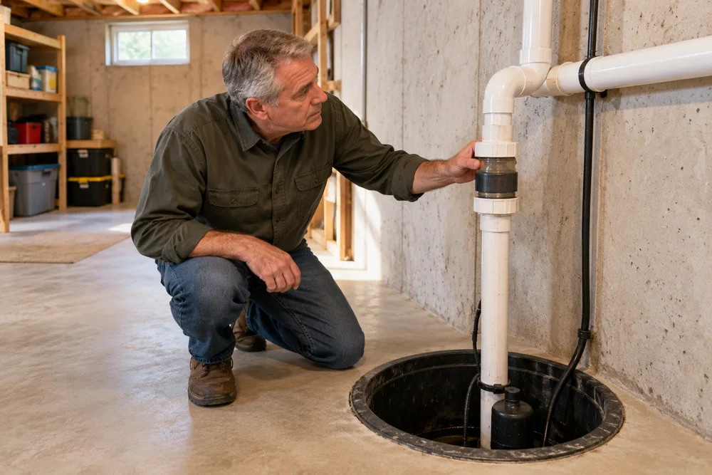 Illustrative service professional examining sump pump discharge piping