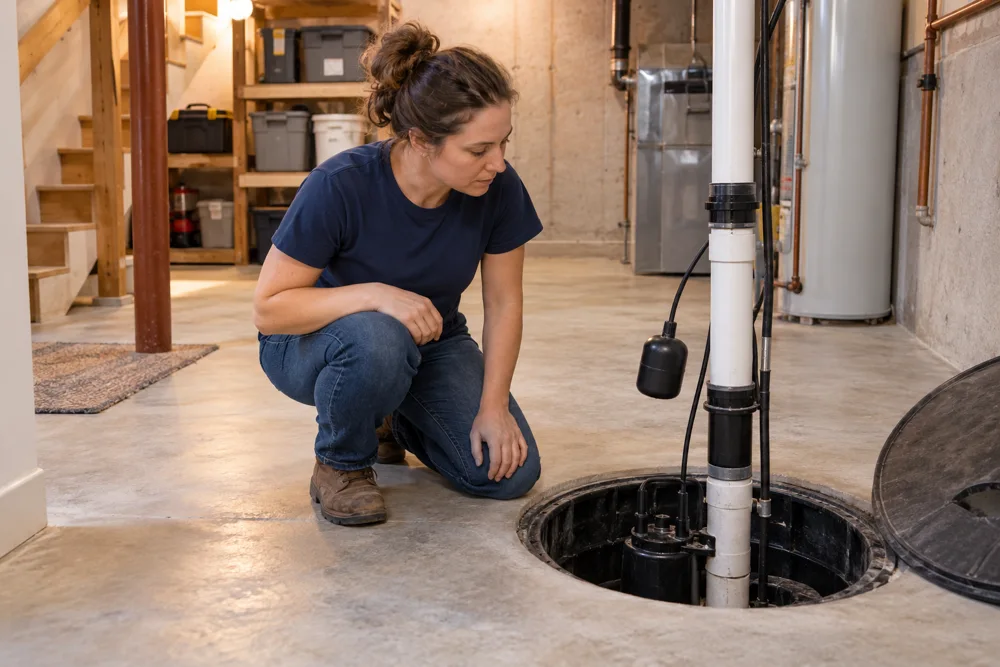 Illustrative service professional checking a sump pump float in a dry basement