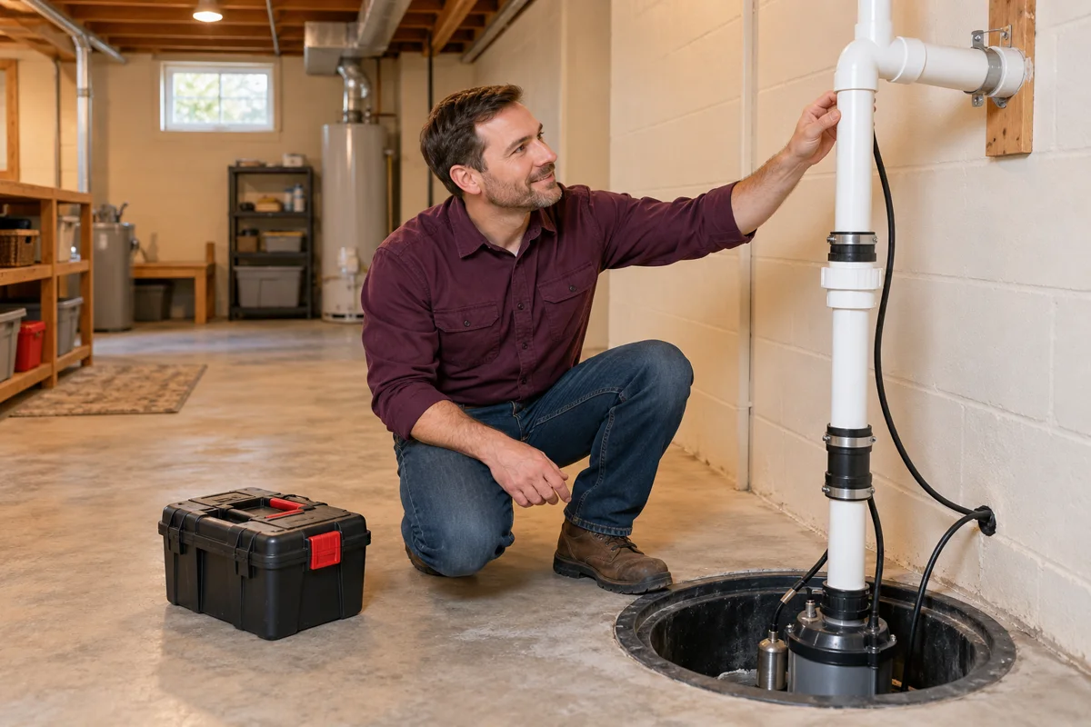 Illustrative scene of a service professional beside a sump pump in a dry basement