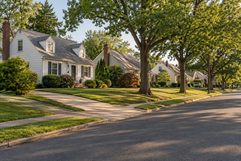 Illustrative Levittown-inspired residential street with detached homes and trees