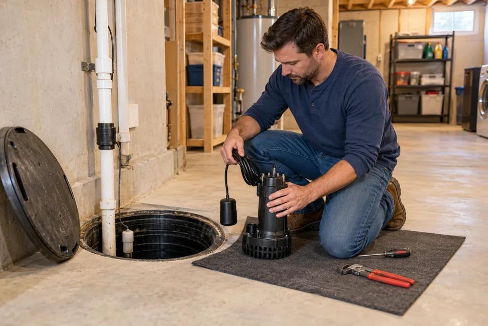 Illustrative service professional preparing a replacement sump pump